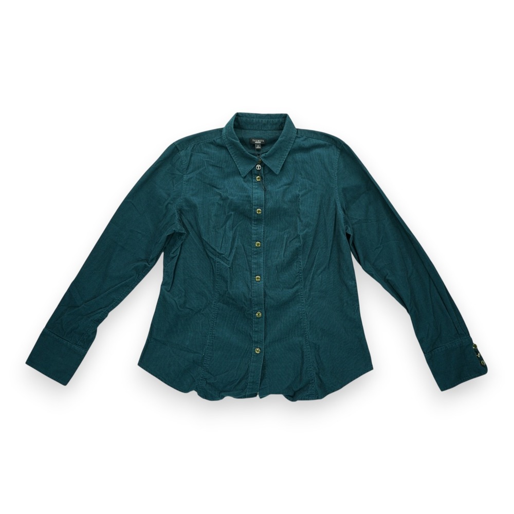 Talbots Women's Stretch Corduroy Long Sleeve Button Down Shirt Size Medium Green